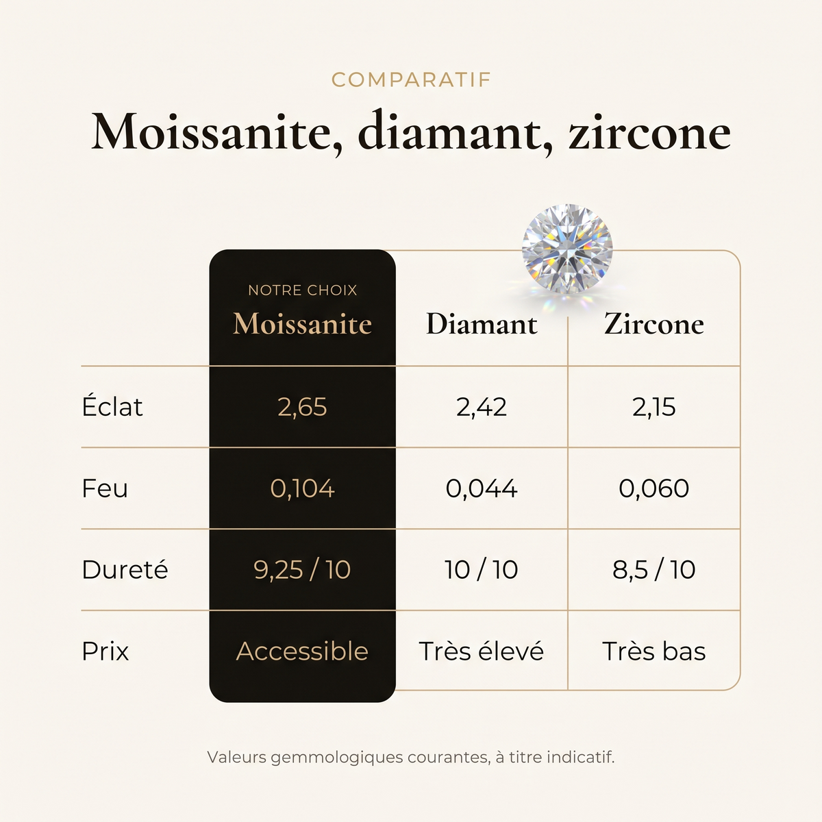 Comparatif moissanite, diamant, zircone